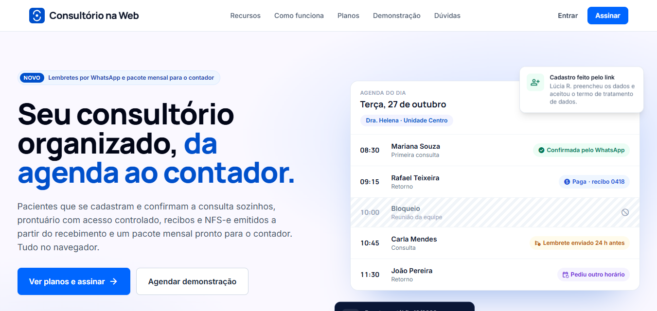 agenda do dia de um consultório com confirmações, pagamentos e lembretes